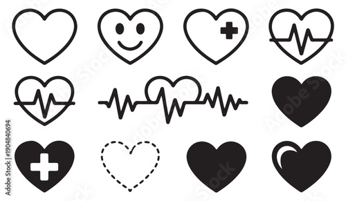 Black outline heart icons representing cardiology medical monitoring and emotional health in minimalist style