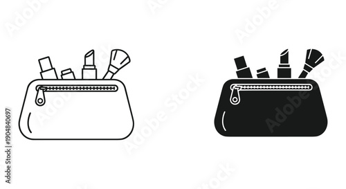 Makeup Cosmetic Bag with Brushes Outline and Filled Vector Illustration