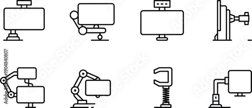 Minimal robotic arm and industrial automation machine icons set featuring factory robots, manipulators, and mechanical equipment line illustration collection design
