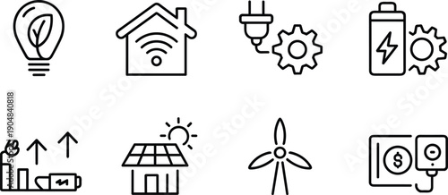 Minimal renewable energy and smart home technology line icons set featuring solar, wind, battery, efficiency, and sustainable power symbols
