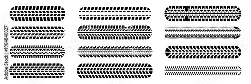 Tire tread patterns set with black and white line art designs for various vehicle types including cars, trucks, and SUVs featuring car, truck, SUV with design and illustration elements for