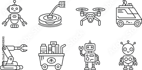 Robotics and automation line icon set with robot drone rover arm factory and delivery vehicle outline technology symbols collection modern industry