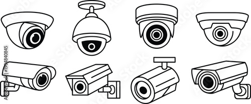 Security surveillance camera line icon set including dome bullet cctv monitoring protection safety system outline technology symbols collection modern security