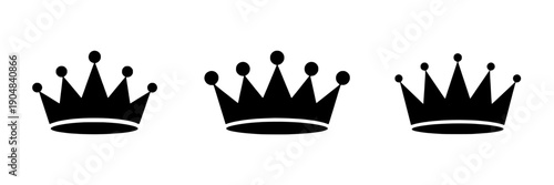 Crowns icon set with three royal silhouettes, minimalist black flat design for king and queen emblem, coronation logo, heraldry badge, luxury branding and UI symbols