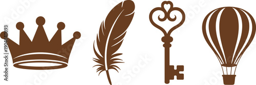 Vintage fantasy silhouette icons featuring royal crown, feather quill, ornate key, and hot air balloon decorative symbol set
