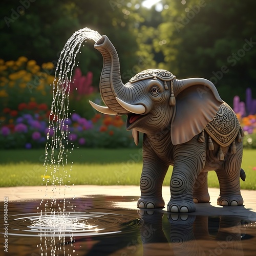 A large wild baby elephant with distinct tusks and ears stands in the park near the water, showcasing its profile as a majestic mammal and pachyderm in a nature safari setting