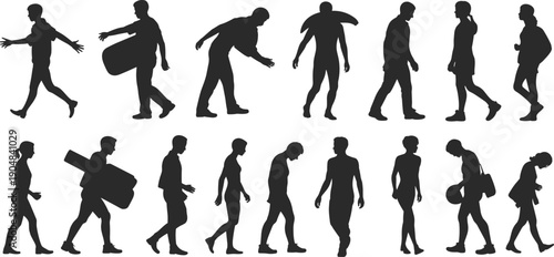 Vector, black, silhouette, illustration, set, of, various, people, walking, carrying, bags, and, moving, for, urban, lifestyle, community, crowd, street, and, pedestrian, design, elements