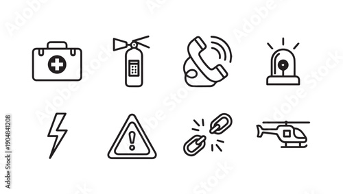 Emergency Icons: First Aid, Fire Extinguisher, Phone, Siren, Lightning, Warning, Broken Link, Helicopter