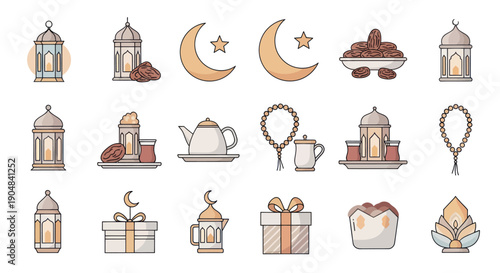 Ramadan Kareem Islamic Icons Collection: Lanterns, Moon, Dates, Tea, Gift Box, Prayer Beads