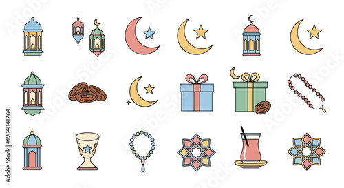 Ramadan Islamic Icons: Crescent Moon, Lanterns, Dates, Gifts, Prayer Beads, Tea