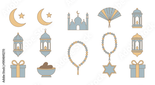 Islamic Symbols Ramadan Kareem Icons Set: Moon, Star, Mosque, Lantern, Dates, Gifts, Prayer Beads