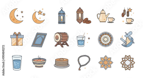 Ramadan Icons Set: Moon, Lanterns, Dates, Teapot, Drum, Prayer Mat, Gift, Prayer Beads, Food
