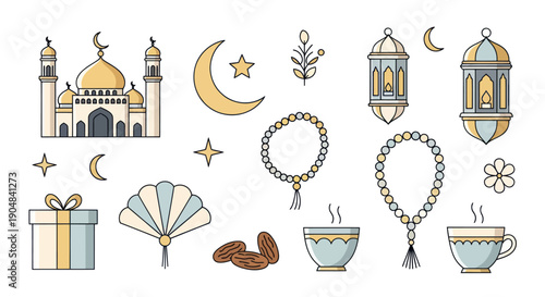 Islamic Elements Collection: Mosque, Lanterns, Dates, Coffee, Gift, Prayer Beads