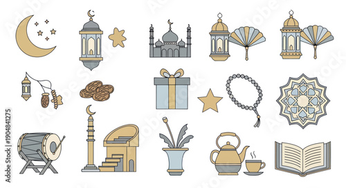 Ramadan Islamic Icons Set: Mosque, Moon, Stars, Lanterns, Dates, Gift, Prayer Beads, Drum