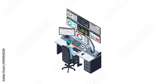 Isometric view of a system operator meticulously monitoring a control panel with numerous screens displaying critical