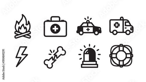 Emergency Icons Set: Fire, First Aid, Police, Ambulance, Injury, Siren, Lifebuoy