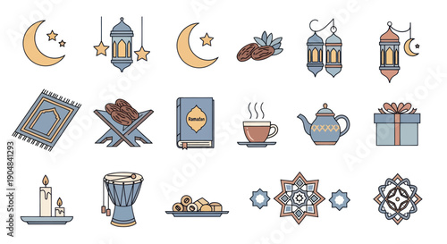 Ramadan Icons Set: Moon, Lanterns, Dates, Quran, Prayer Mat, Tea, Drum, Gift