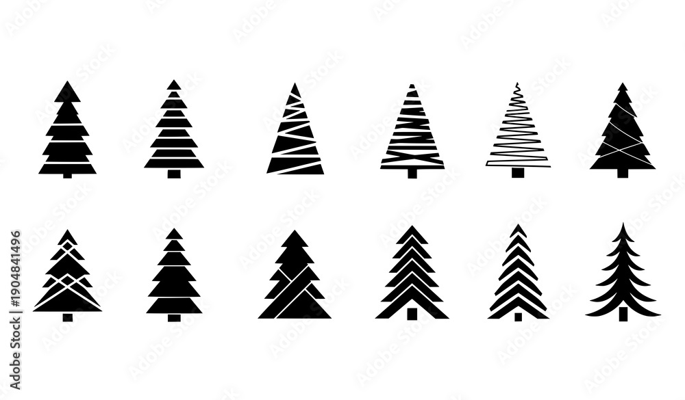Obraz premium Minimalist Christmas pine tree icon pack modern geometric holiday tree vector set