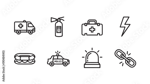 Emergency Service Icons: Ambulance, Police Car, First Aid, Fire Extinguisher, Siren