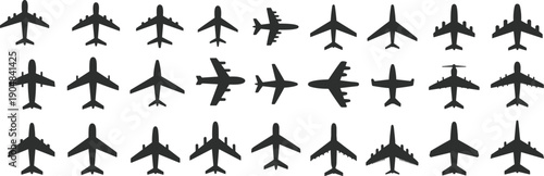 Set of airplane silhouette icons top view aircraft collection for aviation travel transport design isolated on white background
