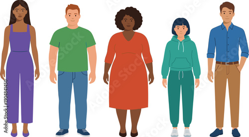 Diverse group of multiethnic people standing together in casual outfits, inclusive community representation, flat vector illustration for corporate social responsibility