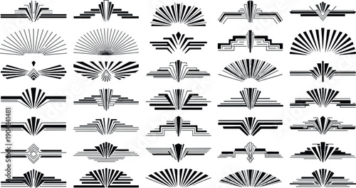 Set of Art Deco geometric dividers and decorative symmetry ornaments, vintage Gatsby style line art borders and architectural design elements vector collection.