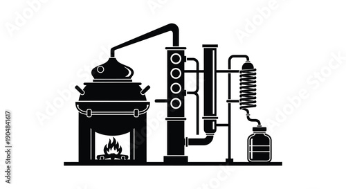 A stylized black and white illustration depicts a traditional alembic still used for distillation processes high quality professional