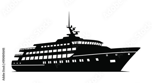 A sleek black silhouette of a large yacht or luxury cruise ship is prominently displayed against a white background
