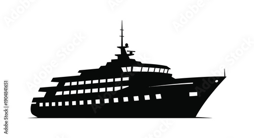 A stark black silhouette depicts a large cruise ship at sea showcasing its multi tiered structure and prominent mast