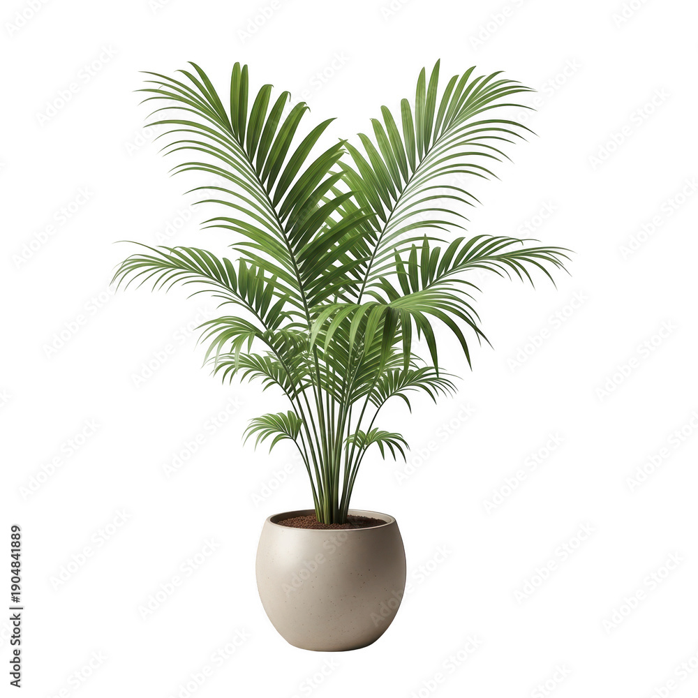 Obraz premium A tall green palm plant in a white pot on a white background
