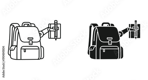 Backpack and Camera Vector Illustration in Black and White
