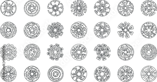 Set of abstract circular mandala ornaments, hand-drawn geometric sunburst shapes and ethnic tribal rosette design elements vector collection.