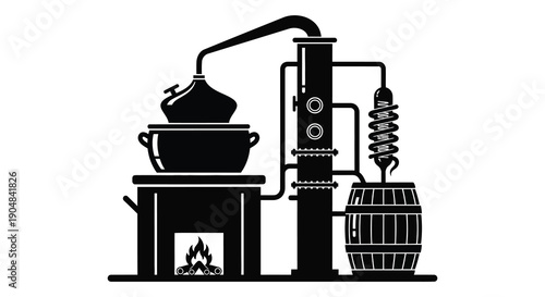 A detailed black silhouette depicts a classic alchemical still setup with a pot condenser and barrel high quality