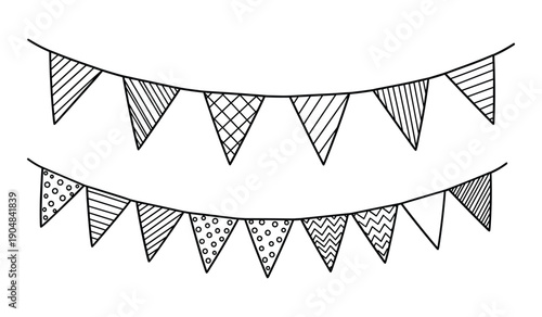 Black Line Hanging Triangular Flags With Various Patterns And Textures bunting triangle lineart