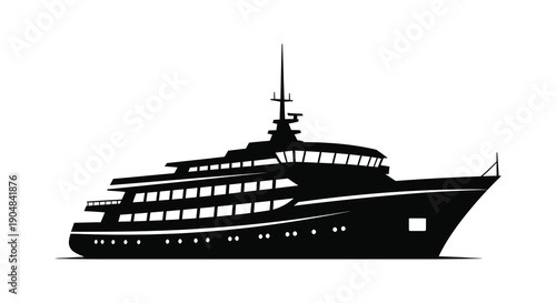 A sleek black silhouette of a large luxury yacht is displayed against a plain white background high quality