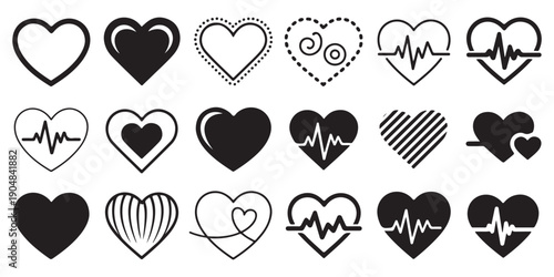Heart heartbeat icons set for cardiology pulse monitoring and medical healthcare branding graphic design