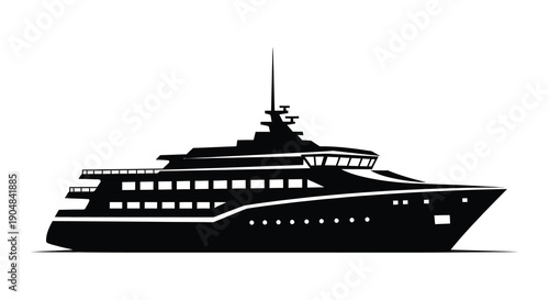 A sleek black silhouette depicts a large luxury yacht sailing on calm waters suggesting wealth and leisure