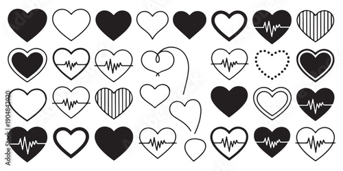 Pulse heart icons set for healthcare medical monitoring with various heartbeat rhythm line graphic shapes