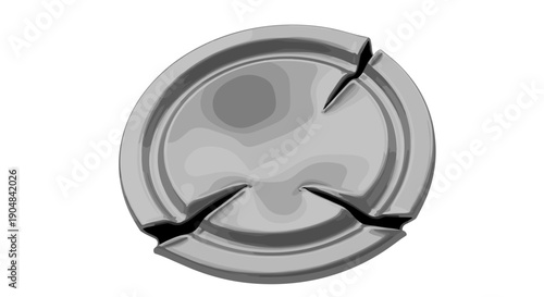 Crushed metal lid isolated on white background, showcasing a broken and distorted circular shape with sharp edges and shadows