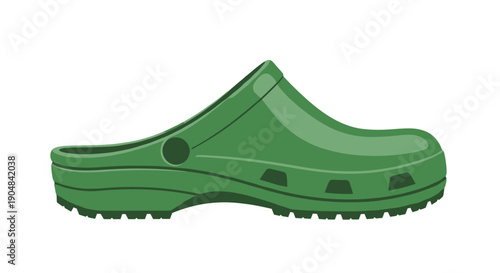 Green garden clog isolated against a white background, featuring a slip-on design with sturdy sole and ventilation holes, perfect for outdoor use