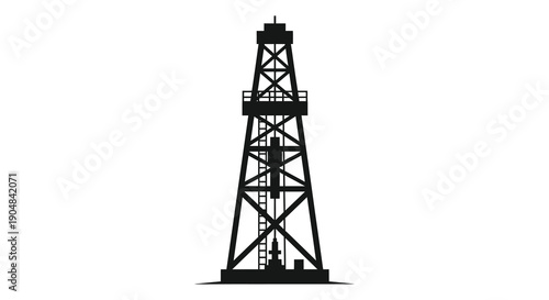 A stark black silhouette depicts a towering oil derrick against a plain white background symbolizing energy extraction