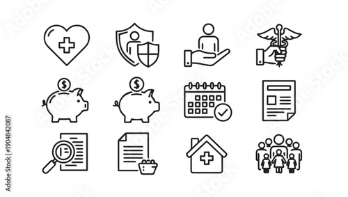 Health Insurance Icons Set: Piggy Bank, Shield, Calendar, Family, Medical Cross, Caduceus, Magnifying Glass, Document, House