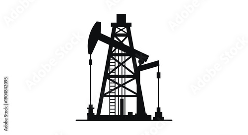 A stark black silhouette depicts a classic oil pump rig against a plain white background symbolizing energy