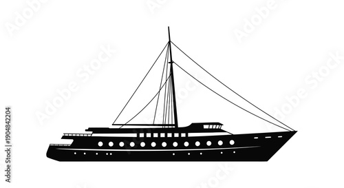 A minimalist black and white illustration depicts a sleek sailboat showcasing its mast sails and hull high quality professional detailed