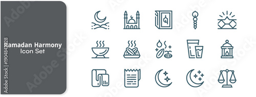 Collection of simple line art icons representing various cultural and religious elements associated with Ramadan observance and fasting traditions.