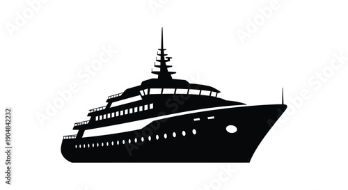 A sleek black silhouette depicts a luxurious yacht with multiple decks and a tall mast high quality professional