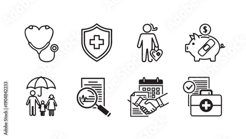 Healthcare Insurance Icons Collection: Stethoscope, Shield, Family, Piggy Bank, Calendar, Medical Bag