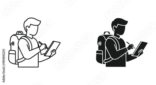 Student reading tablet and book with backpack outdoor learning education digital technology concept