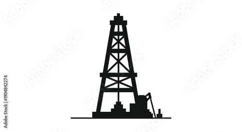 A stark black silhouette depicts an oil derrick representing energy production and industrial infrastructure high quality professional detailed