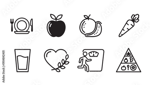 Healthy Lifestyle Icons Set: Diet, Fitness, Nutrition, Hydration, and Well-being